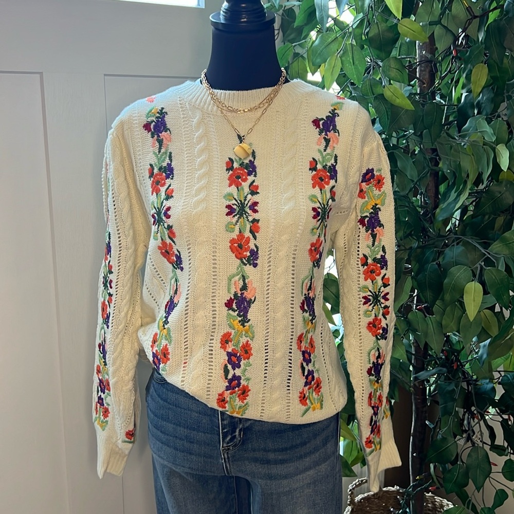 Embroidered drop shoulder floral pullover sweater. Super feminine and beautiful.